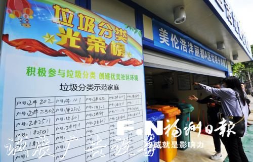 美倫浩洋麗都A區(qū)垃圾分類屋門口懸掛垃圾分類光榮榜。記者 鄭帥 攝